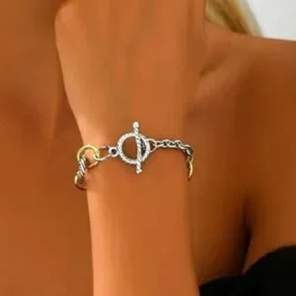 Two Tone Cable Link Bracelet Gold & Silver Toggle Clasp Women's Fashion Gift